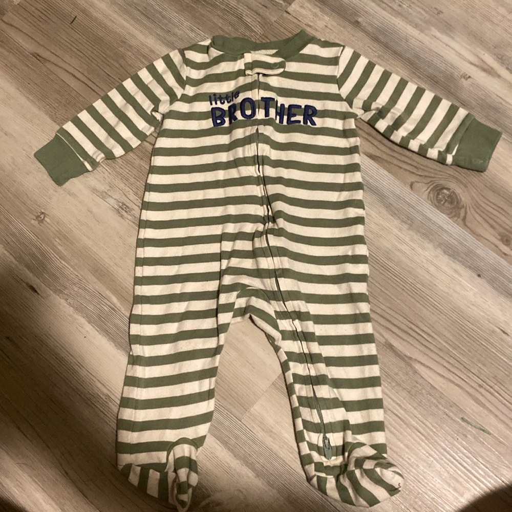 Carter’s “Little Brother” Long Sleeve Striped Footie Onesie- 6 Months